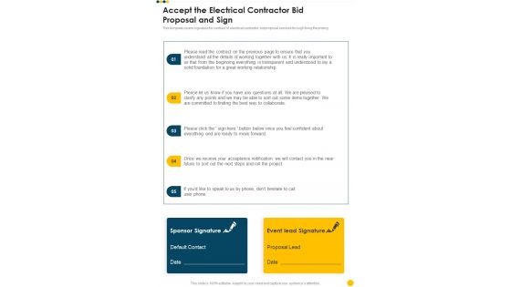 Accept The Electrical Contractor Bid Proposal And Sign One Pager Sample Example Document