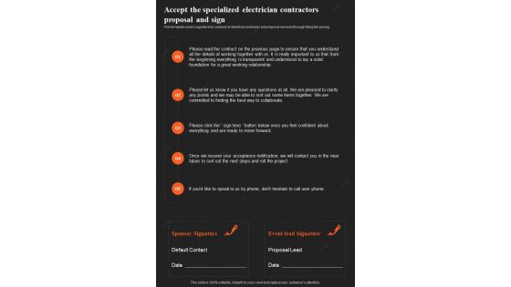 Accept The Specialized Electrician Contractors Proposal And Sign One Pager Sample Example Document