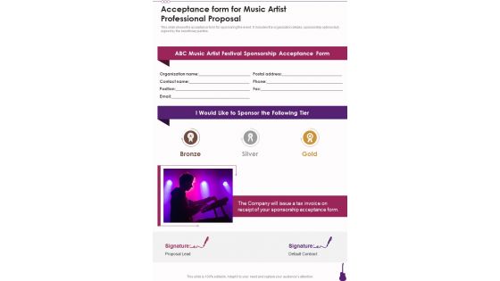 Acceptance Form For Music Artist Professional Proposal One Pager Sample Example Document