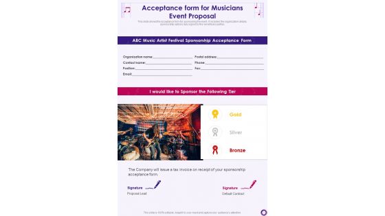 Acceptance Form For Musicians Event Proposal One Pager Sample Example Document