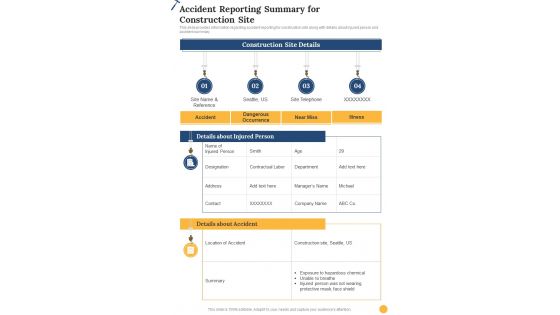 Accident Reporting Summary For Construction Site Construction One Pager Sample Example Document