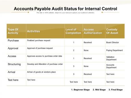 Accounts payable audit status for internal control