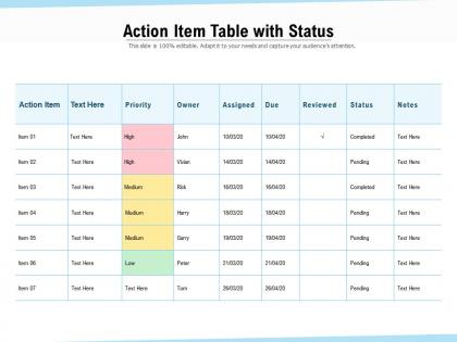 Action item table with status