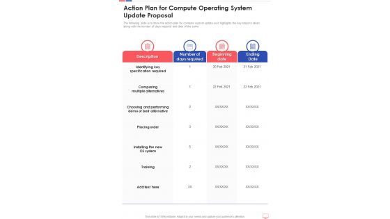 Action Plan For Compute Operating System Update Proposal One Pager Sample Example Document