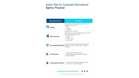 Action Plan For Corporate Recruitment Agency Proposal One Pager Sample Example Document