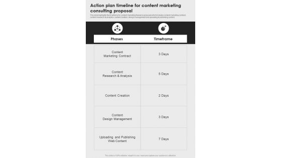 Action Plan Timeline For Content Marketing Consulting Proposal One Pager Sample Example Document