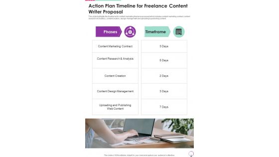 Action Plan Timeline For Freelance Content Writer One Pager Sample Example Document