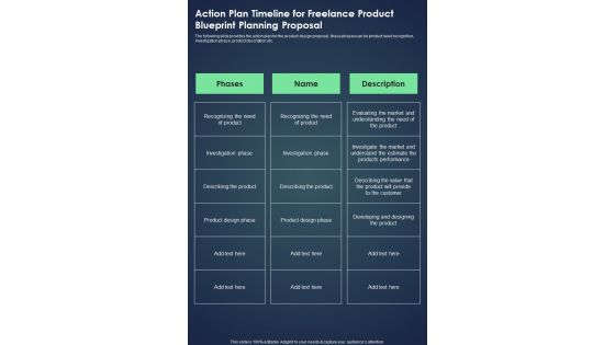Action Plan Timeline For Freelance Product Blueprint Planning Proposal One Pager Sample Example Document