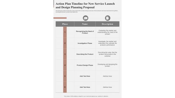 Action Plan Timeline For New Service Launch And Design Planning One Pager Sample Example Document