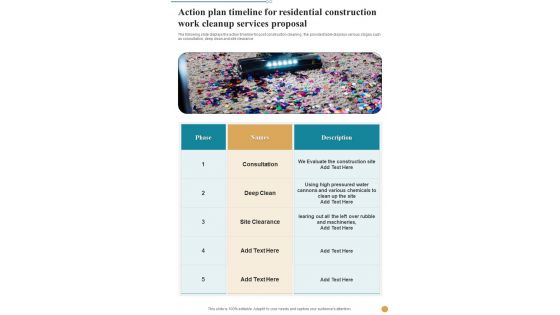 Action Plan Timeline For Residential Construction Work Cleanup Services One Pager Sample Example Document