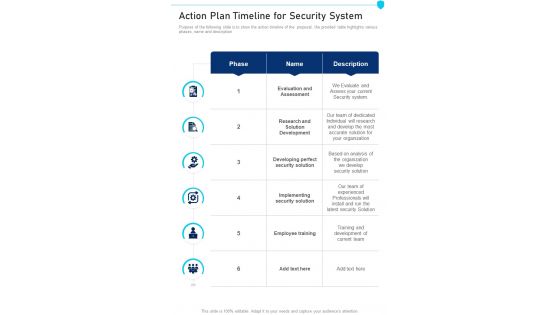 Action Plan Timeline For Security System One Pager Sample Example Document