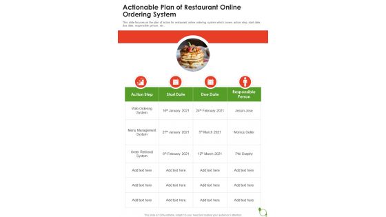 Actionable Plan Of Restaurant Online Ordering System One Pager Sample Example Document