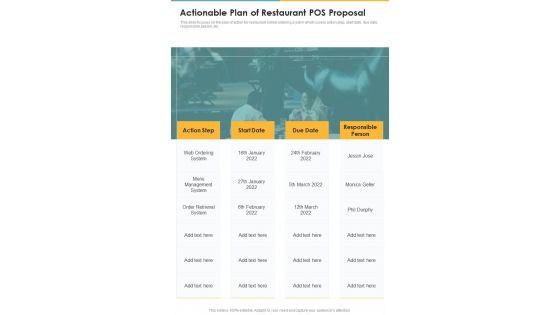 Actionable Plan Of Restaurant POS Proposal One Pager Sample Example Document