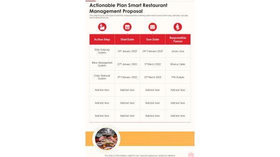 Actionable Plan Smart Restaurant Management Proposal One Pager Sample Example Document