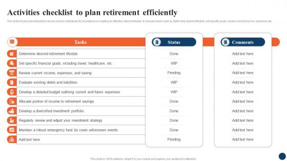 Activities Checklist To Plan Retirement Strategic Retirement Planning To Build Secure Future Fin SS