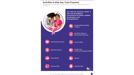 Activities In Kids Day Care Proposal One Pager Sample Example Document