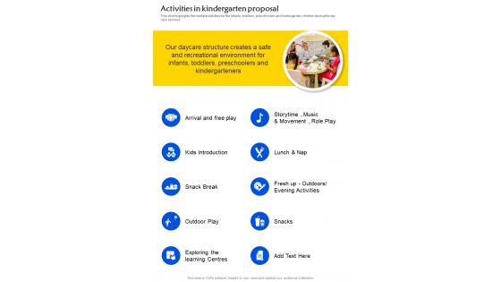 Activities In Kindergarten Proposal One Pager Sample Example Document