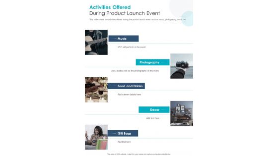 Activities Offered During Product Launch Event One Pager Sample Example Document