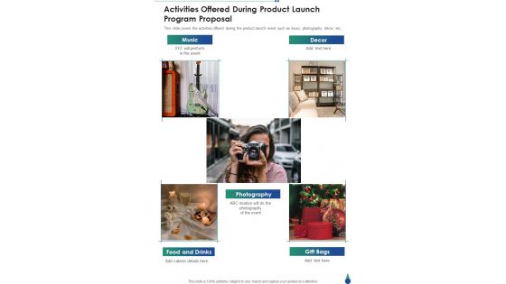 Activities Offered During Product Launch Program Proposal One Pager Sample Example Document