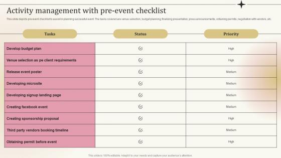 Activity Management With Pre Event Checklist Ppt Powerpoint Presentation Visual Aids Gallery