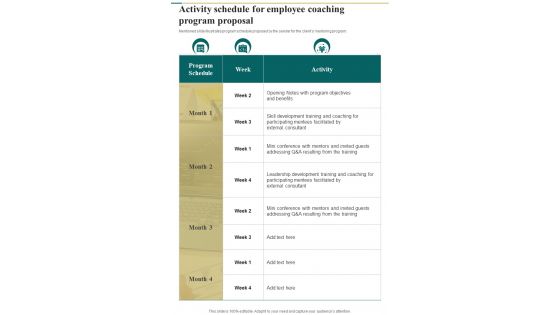 Activity Schedule For Employee Coaching Program Proposal One Pager Sample Example Document