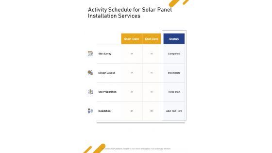 Activity Schedule For Solar Panel Installation Services One Pager Sample Example Document