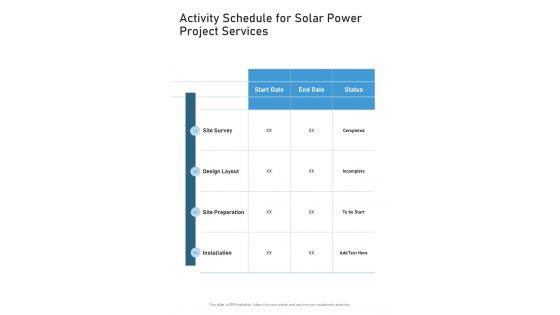 Activity Schedule For Solar Power Project Services One Pager Sample Example Document
