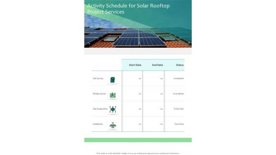 Activity Schedule For Solar Rooftop Project Services One Pager Sample Example Document