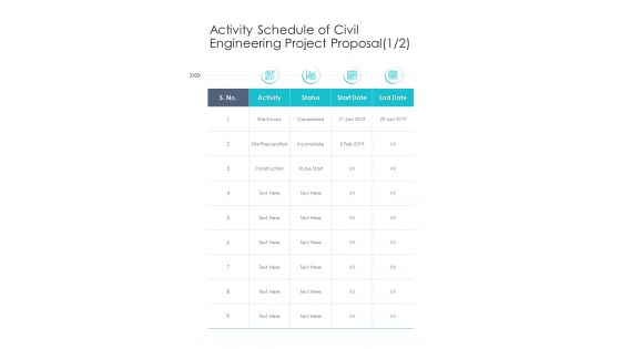Activity Schedule Of Civil Engineering Project Proposal One Pager Sample Example Document