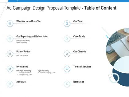 Ad campaign design proposal template table of content ppt powerpoint presentation outline