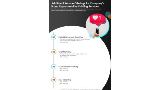 Additional Service Offerings Companys Brand Representative One Pager Sample Example Document