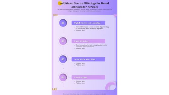 Additional Service Offerings For Brand Ambassador Services One Pager Sample Example Document