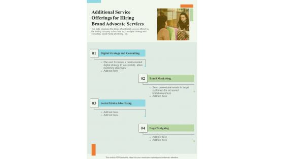 Additional Service Offerings For Hiring Brand Advocate One Pager Sample Example Document