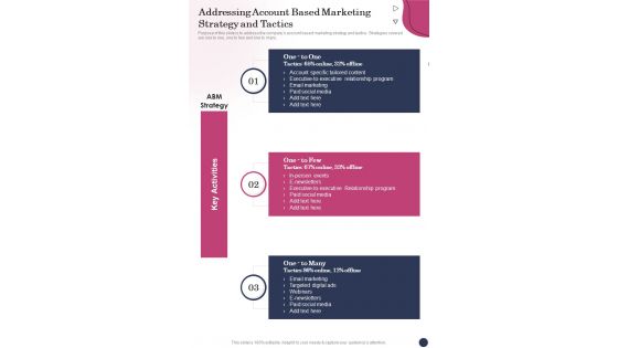 Addressing Account Based Marketing Strategy And Tactics One Pager Sample Example Document