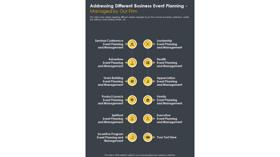 Addressing Different Business Event Planning Managed By Our One Pager Sample Example Document