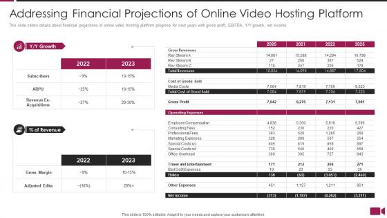 Addressing financial projections online video hosting platform video sharing platform investor funding elevator