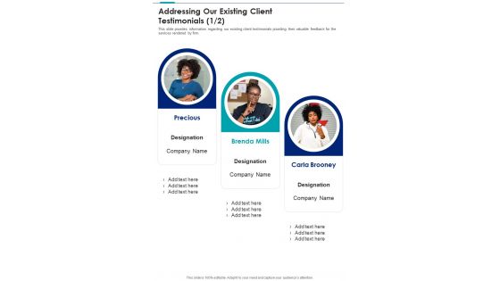Addressing Our Existing Client Testimonials Corporate Retreat One Pager Sample Example Document