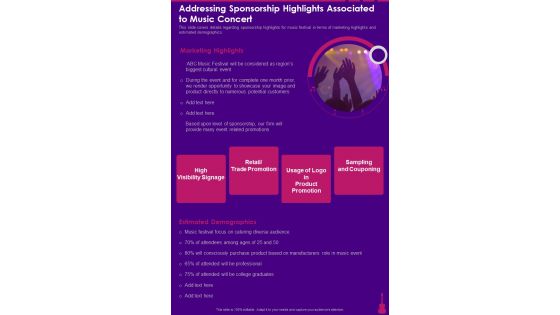 Addressing Sponsorship Highlights Associated To Music Concert One Pager Sample Example Document