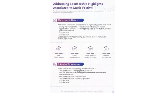 Addressing Sponsorship Highlights Associated To Music Festival One Pager Sample Example Document
