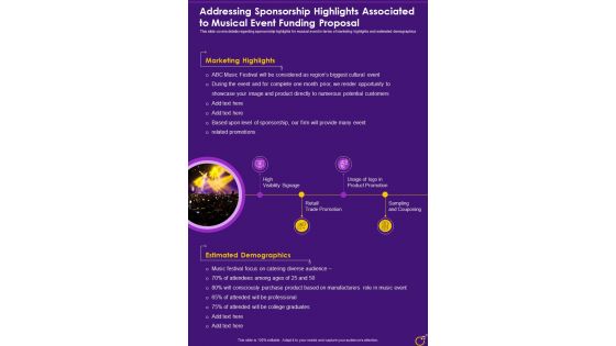 Addressing Sponsorship Highlights Associated To Musical Event Funding One Pager Sample Example Document