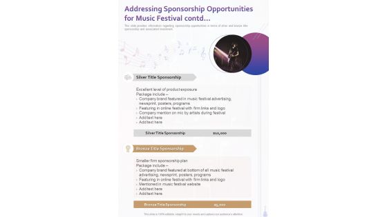 Addressing Sponsorship Opportunities For Music Festival Contd One Pager Sample Example Document