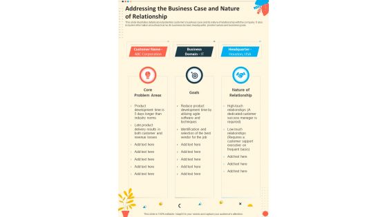 Addressing The Business Case And Nature Of Relationship One Pager Sample Example Document
