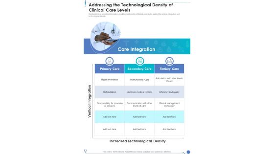 Addressing The Technological Density Of Clinical Care Levels One Pager Sample Example Document