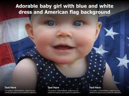 Adorable baby girl with blue and white dress and american flag background
