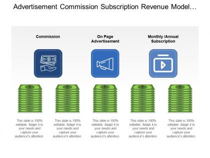 Advertisement commission subscription revenue model with dollar notes and icons