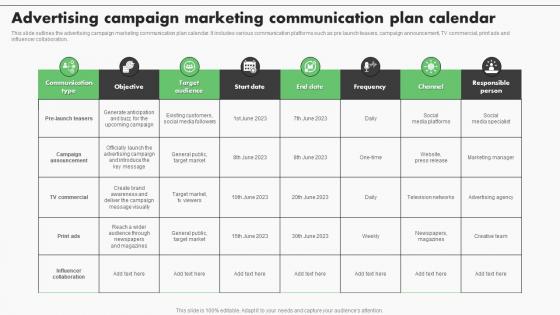 Advertising Campaign Marketing Communication Plan Calendar