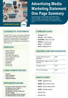 Advertising media marketing statement one page summary presentation report ppt pdf document