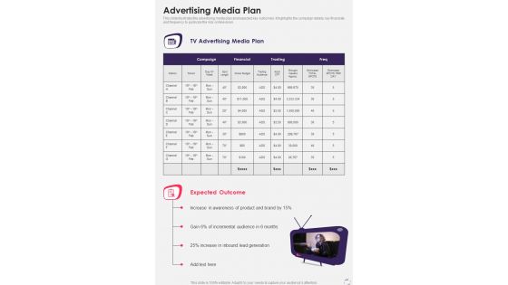 Advertising Media Plan Tv Advertisement Service Proposal One Pager Sample Example Document
