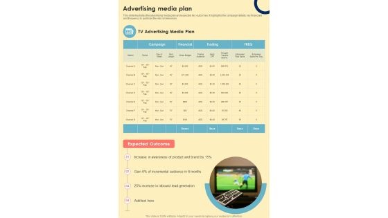 Advertising Media Plan TV Promotional Campaign One Pager Sample Example Document