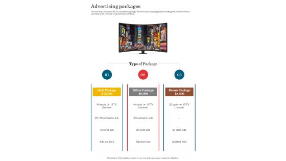 Advertising Packages Tv Endorsement Service Proposal One Pager Sample Example Document